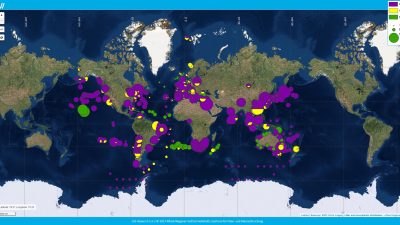 Weltweite Verteilung von Müll und Mikroplastik in aquatischen Lebensräumen (Anzahl pro Quadratkilometer) (Status 23.03.2017). Laufend aktualisierte Grafiken gibt es unter: http://litterbase.awi.de/interaction_graph.
