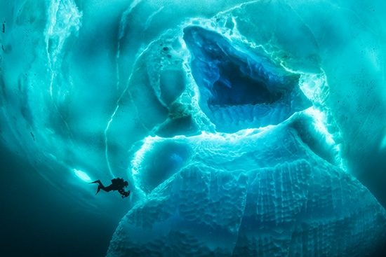 Only in springtime, when the hard winter slowly subsides, are the ice-cold waters suitable for divers who can dive around a iceberg that floats in crystal-clear water, Tasiilaq, East Greenland
