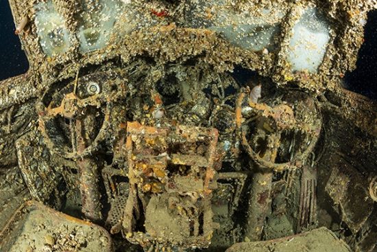 Cockpit of B17 Bomber Flying fortress, sank on the 6 November 1944. 150m from the Cape of Polivalo on the southern coast of Vis, at the exit of Rukavac. Vis Island, Croatia, Adriatic Sea, Mediterranean