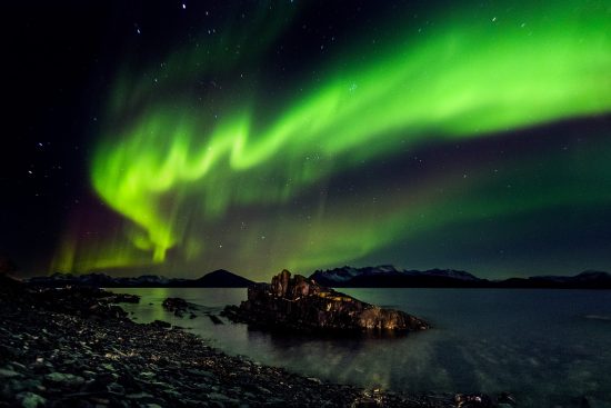 Northern Lights (Aurora Borealis) in the sky over the sea. Skjervoy, Troms, Norway. Arctic Circle. Barents Sea, Arctic Ocean.