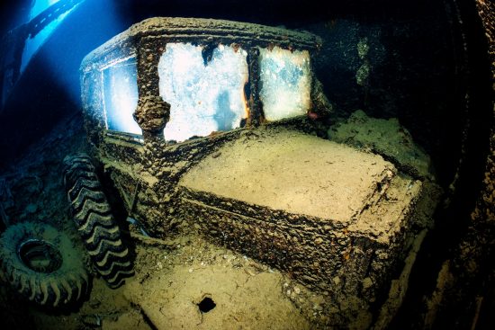 An Albion AM463 truck, fitted with a Zwicky aircraft refuelling system, on the SS Thistlegorm wreck, Sha'ab Ali, Sinia, Egypt. Red Sea. This photo shows the cab section, the rear fuel tank has collapsed.